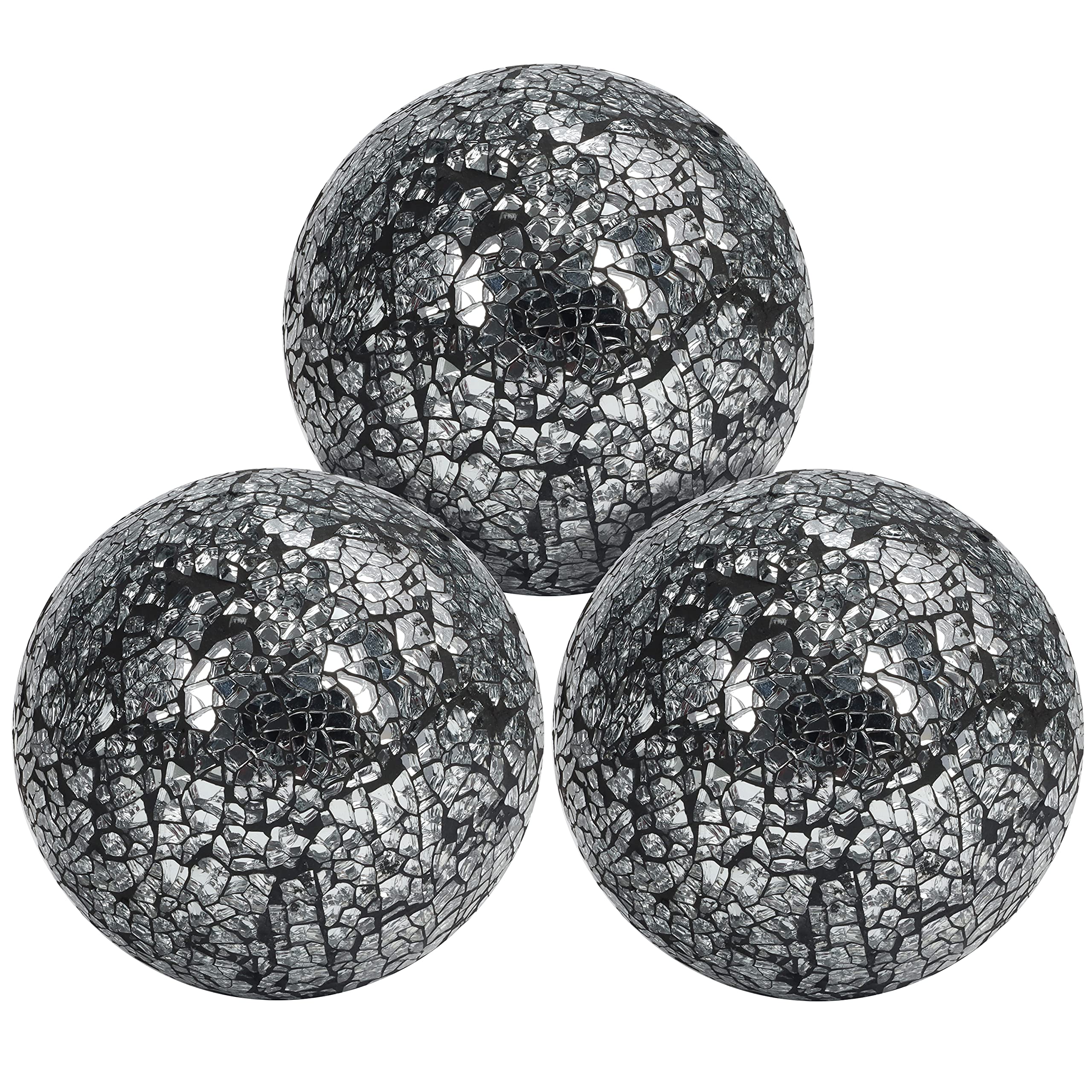 BELLE VOUS 3 Pack Decorative Crackled Glass Mirror Balls - 10cm / 4 inch Diameter - Home Sphere Ball Set - Globe Ornaments for Living/Dining Room, Decorations & Coffee Table Décor Centrepieces