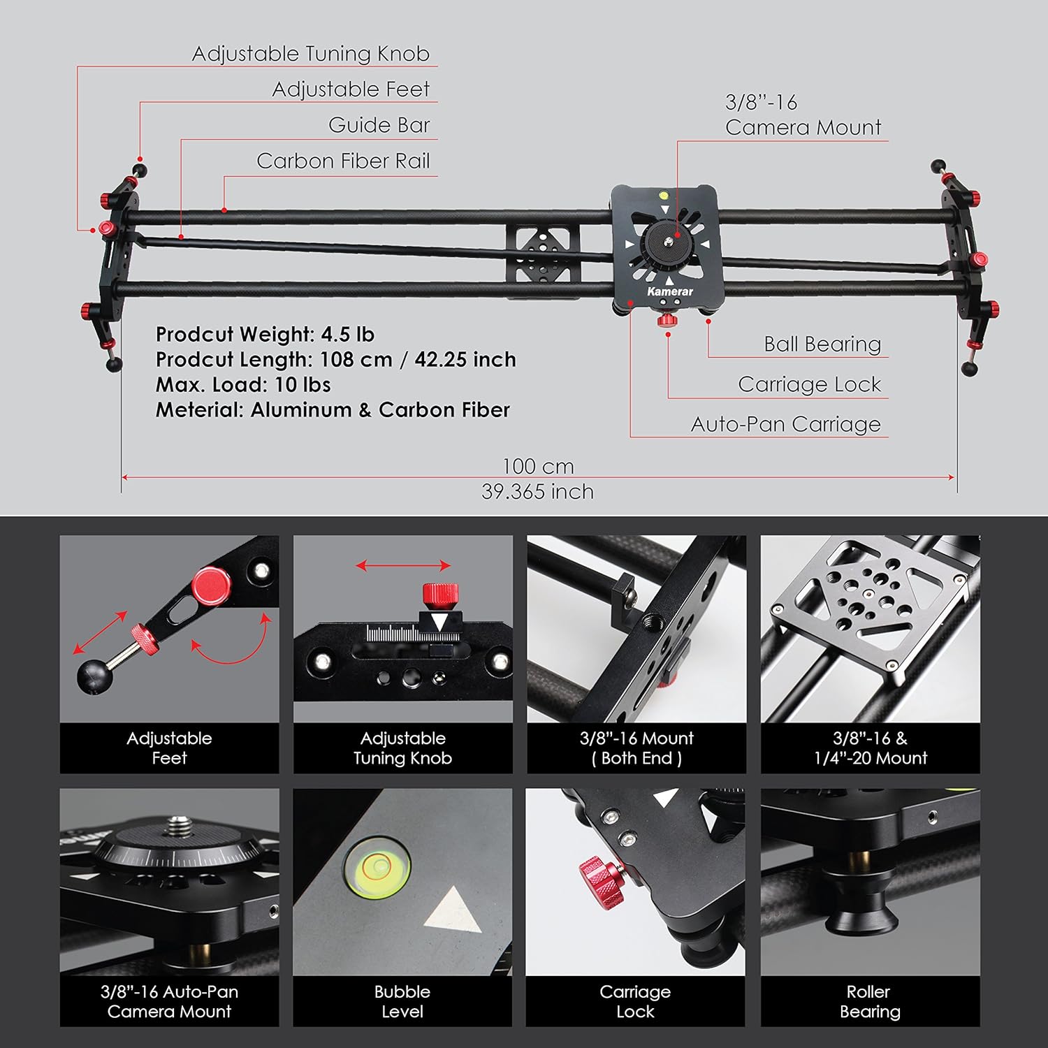 Amazon.com : Kamerar 39.4 inch / 100 cm Pan-100 Track Motion Rail  Stabilization DSLR Camera Slider: Light Carbon Fiber Rail, Adjustable Legs,  Angle Follow ...