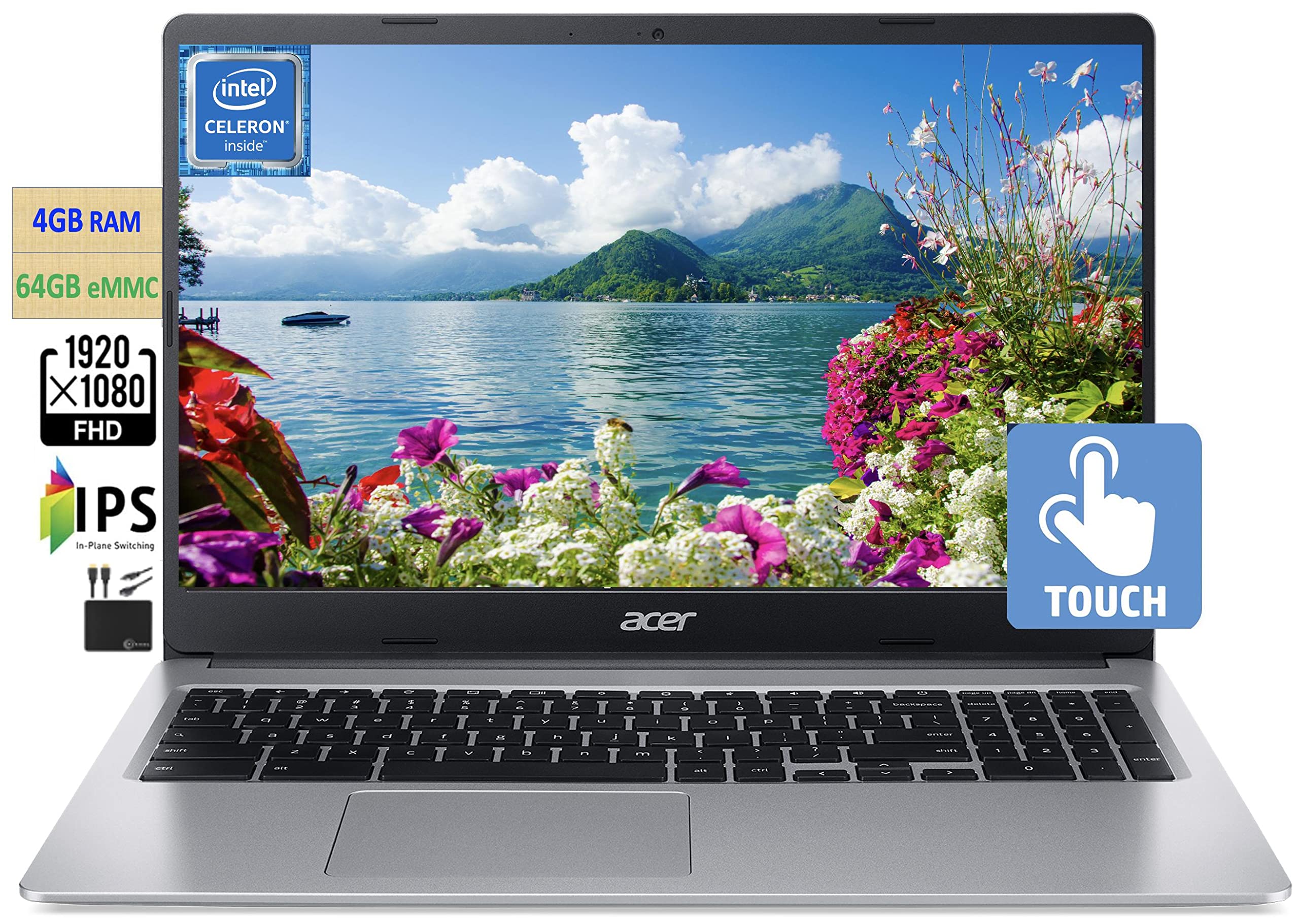 acer 2023 Chromebook 15.6" FHD 1080p IPS Touchscreen Light Computer Laptop, Due-core Intel Celeron N4020, 4GB RAM, 64GB eMMC, HD Webcam, WiFi 5, 12+ Hours Battery, Chrome OS, w/Marxsolcables