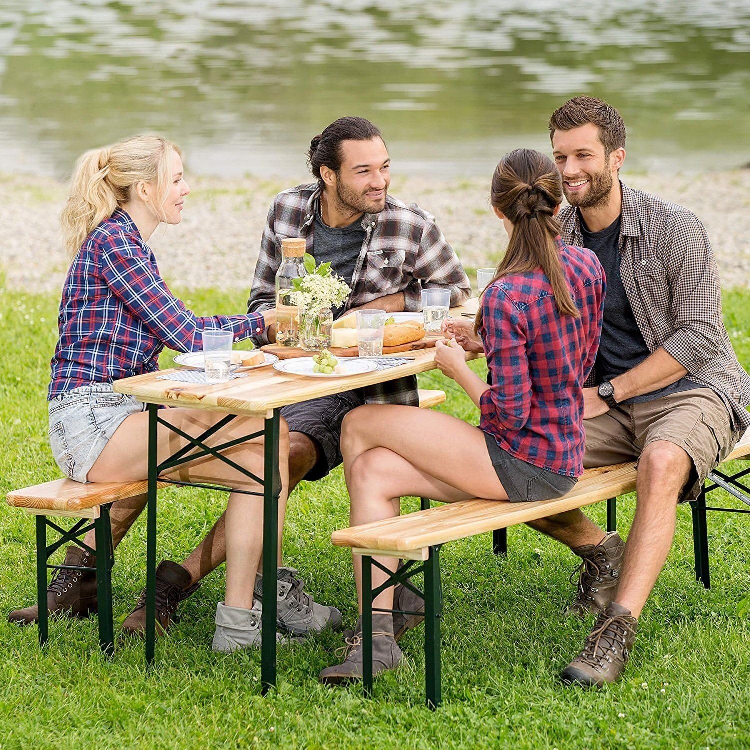 Giantex 70” 3-Piece Portable Folding Picnic Beer Table with Seating Set Wooden Top Picnic Table for Patio Outdoor Activities Garden Use, 30” Table Height: Kitchen & Dining