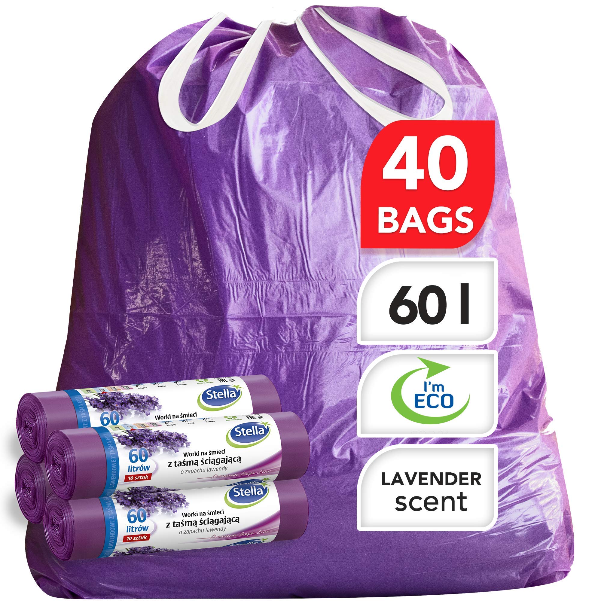 Stella Pack Bin Bag Heavy Duty Purple Bin Liners 60 Litre Durable Waste Bags with Drawstring Odour Control for Home and Office Use - 40 Count Large Bin Perfect for and kitchen use