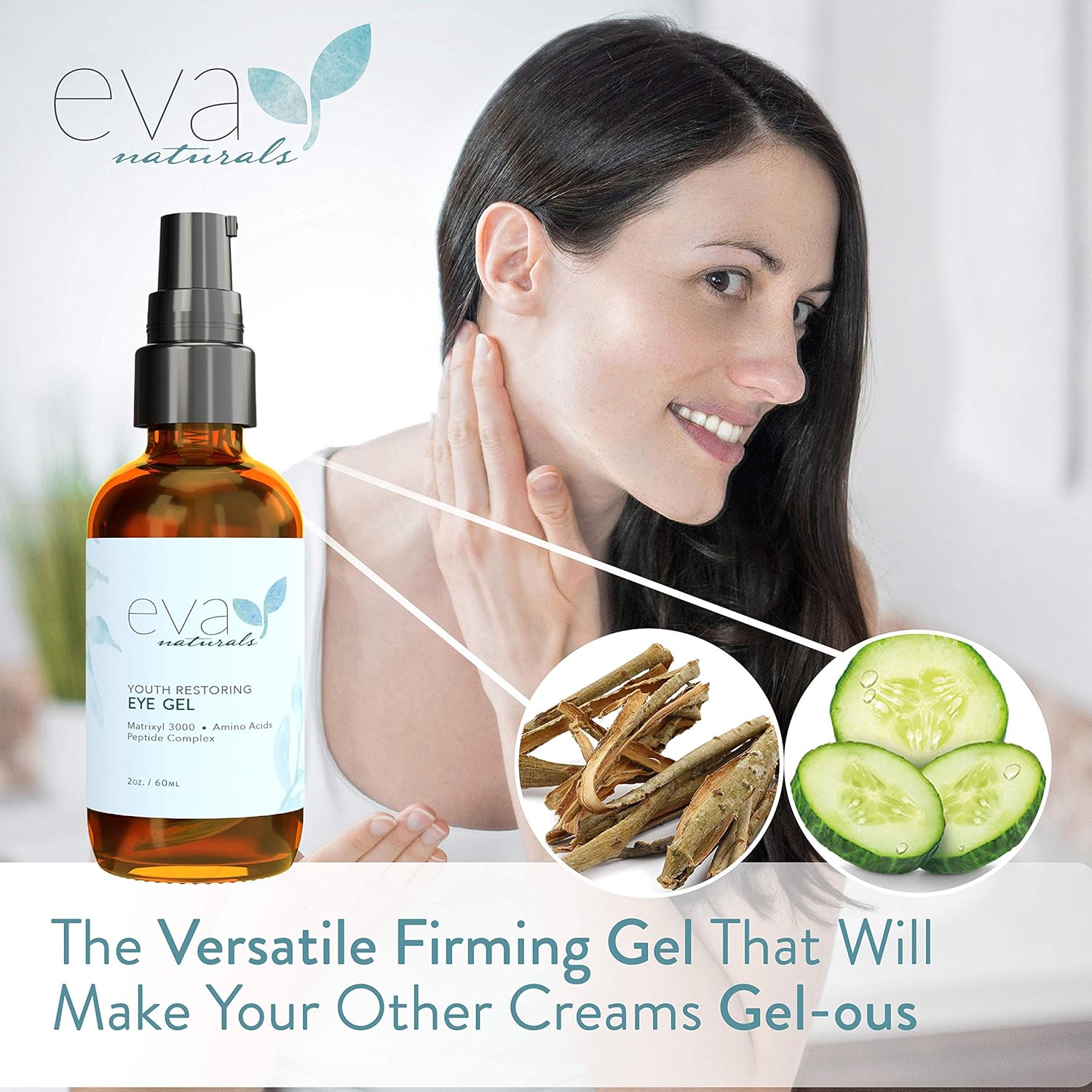 Eye Gel - Larger Size 2 oz Bottle - Best Firming Eye Cream Treatment for Dark Circles, Puffy Eyes, Crow's Feet, Fine Lines & Under Eye Wrinkles by Eva Naturals: Beauty