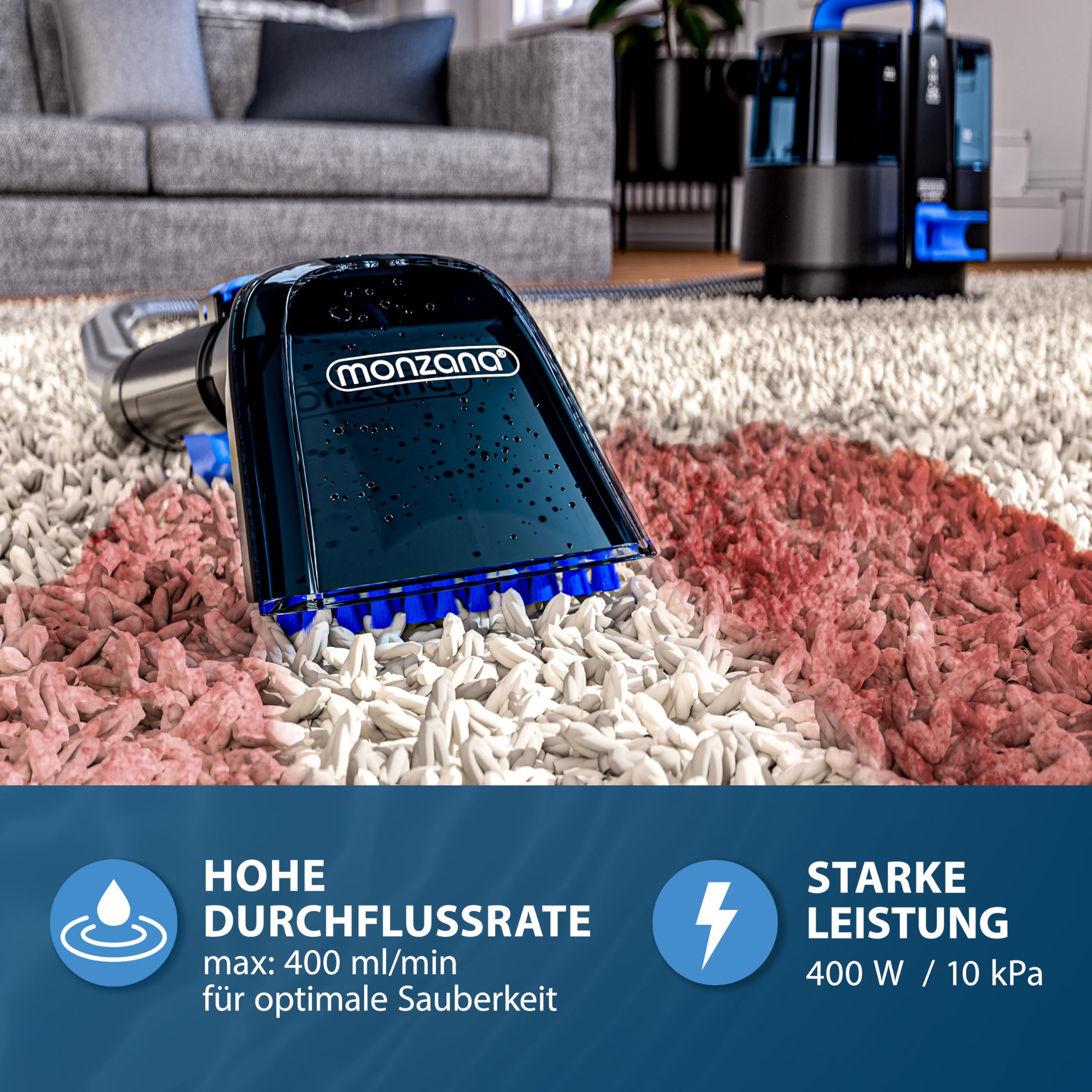 MONZANA® Polsterreiniger Gerät Waschsauger mit 2-in-1 Bürstenaufsatz für Teppiche & Polster 1,2 m Schlauch & 5,5 m Reichweite Nasssauger Teppichreiniger Haushalt 7