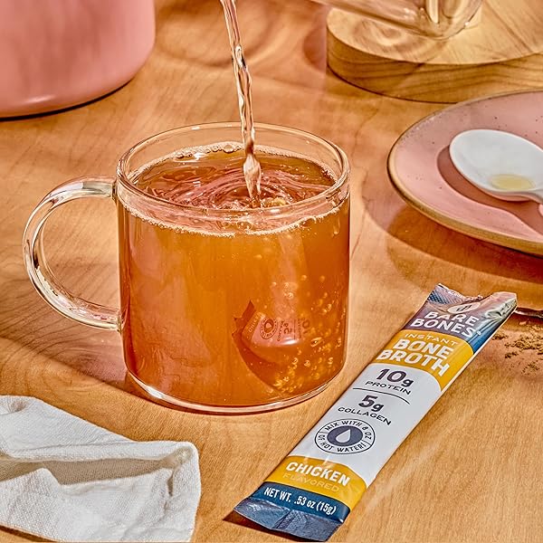 BARE BONES CHICKEN BONE BROTH INSTANT POWDERED MIX | RICH SAVORY PACKETS ON-THE-GO NO ARTIFICIAL FLAVORS | 100% GRASS FED KETO & PALEO FRIENDLY | 10G PROTEIN | 4 PACK