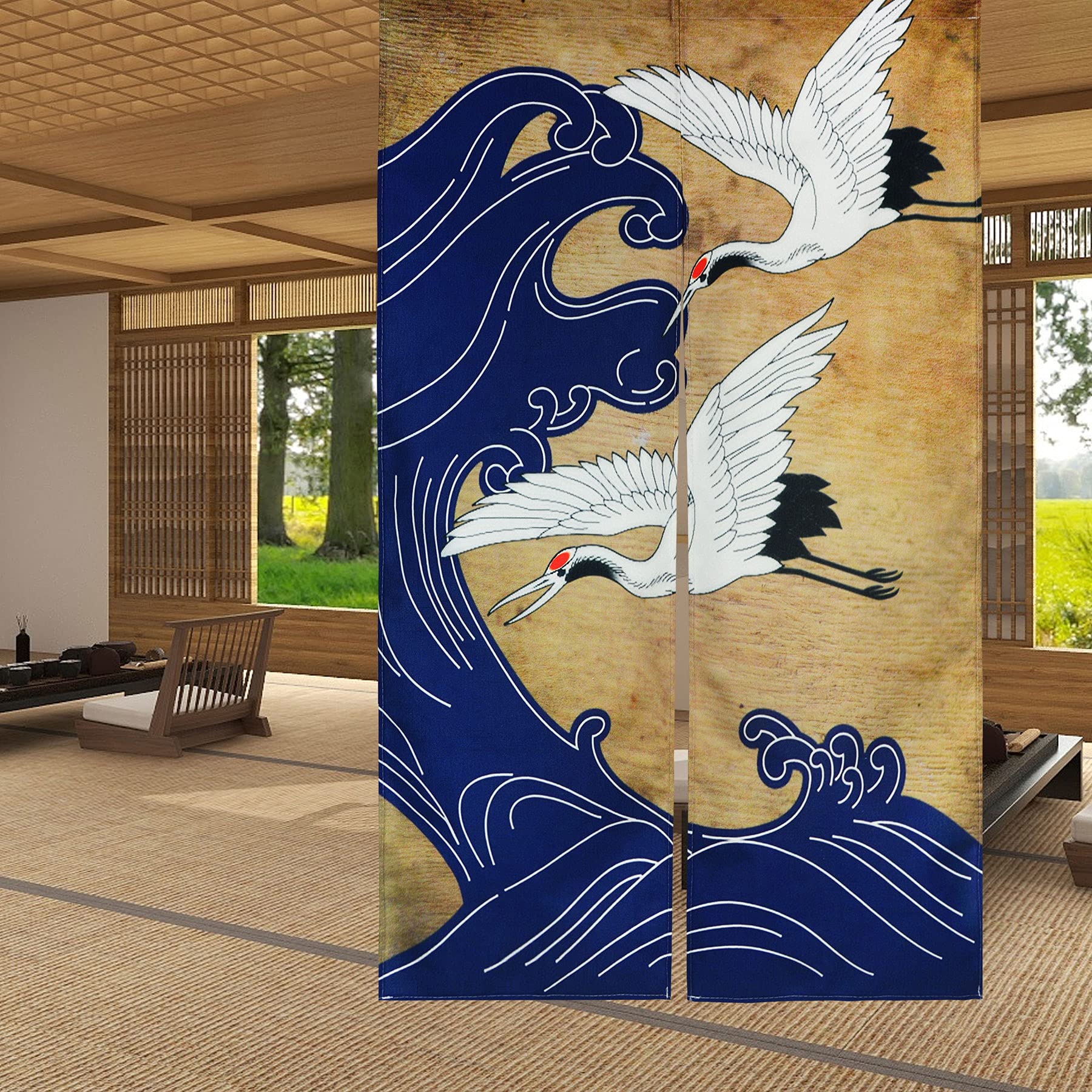 LIGICKY Noren Japanese Style Doorway Curtain Crane Printed Cotton Linen Window Treatment Door Tapestry for Home Decoration 85 x 150 cm