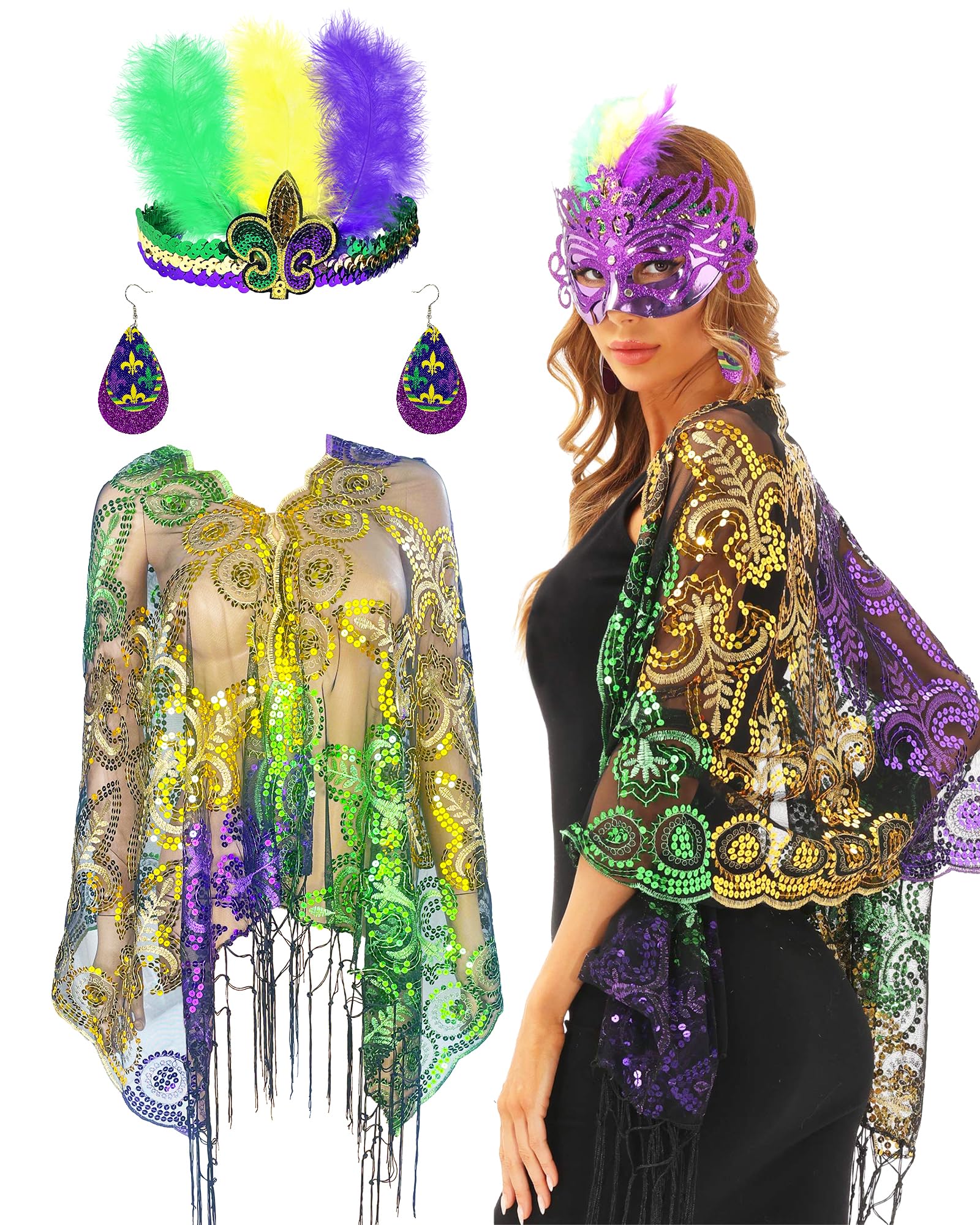 Photo 1 of QLINLEAF Mardi Gras Shawl Scarf Sequin Mardi Gras Outfit for Women with Headband and Earrings Canival Party Favor