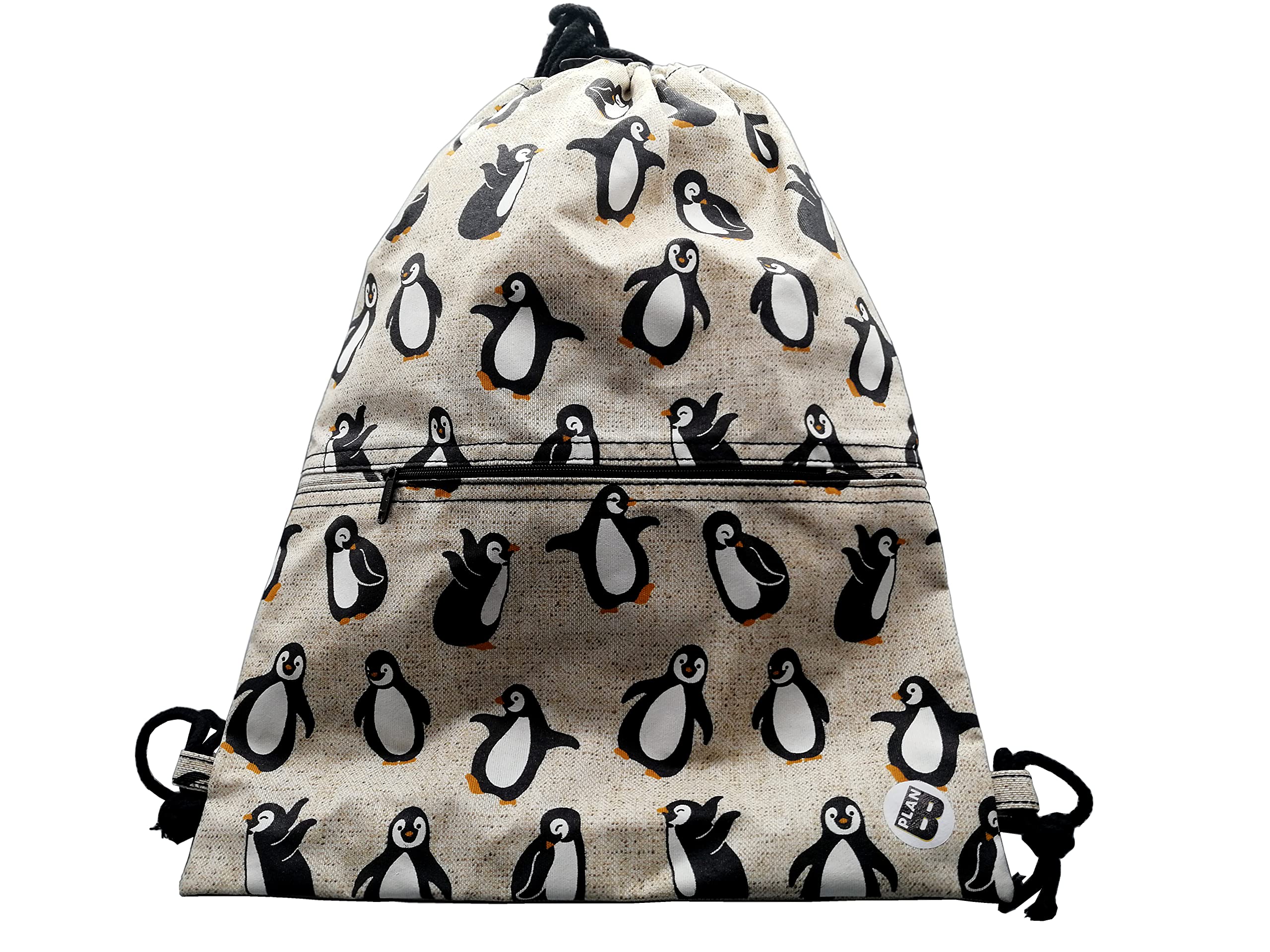 Plan B, Drawstring Backpack, Penguins, 40 x 30 cm, with1 Zip Pocket, Beige Background with Patterned Designs