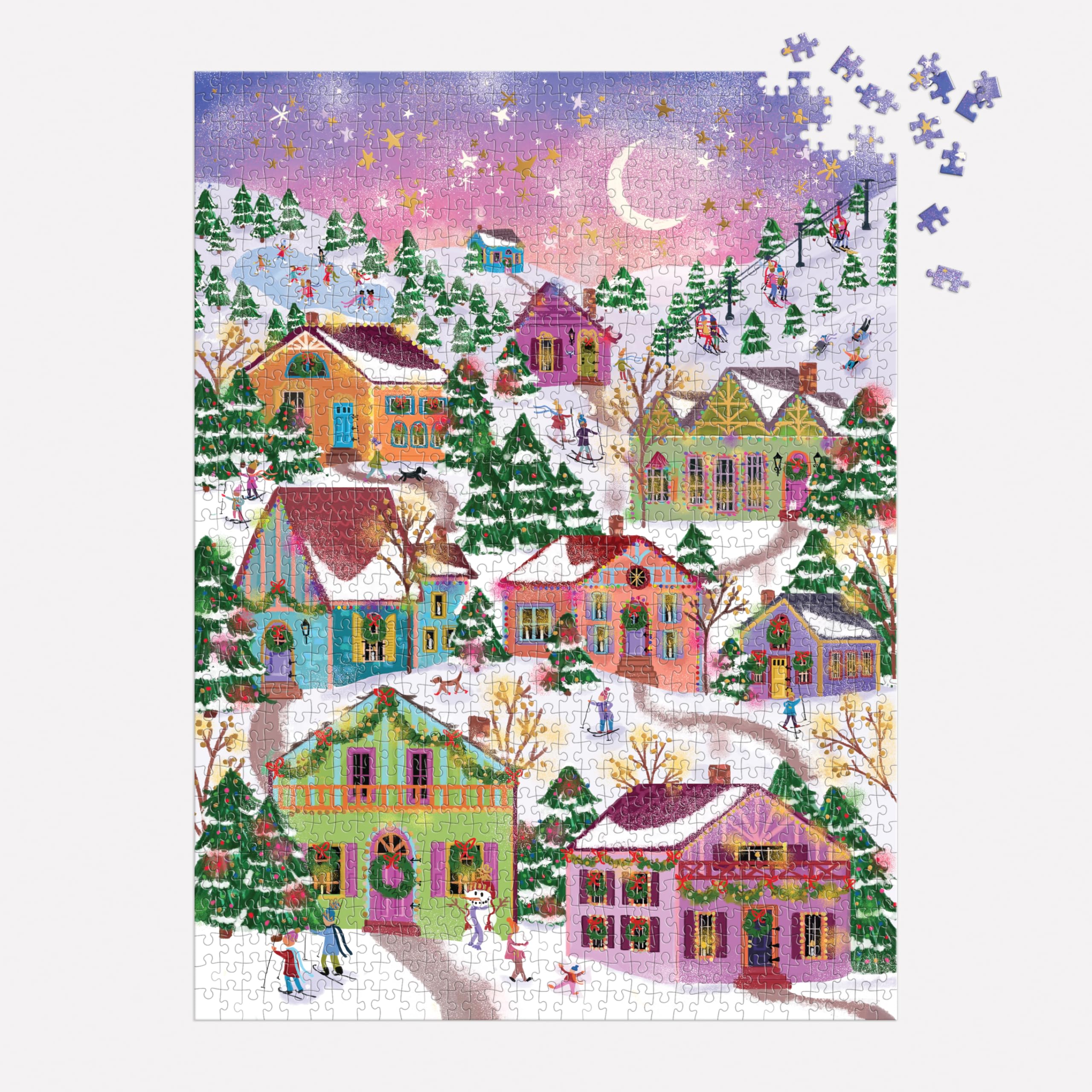 Galison Snowcap Village – 1000 Piece Foil Joy Laforme Jigsaw Puzzle Featuring Beautiful Artwork of Snowcapped Village During Christmas