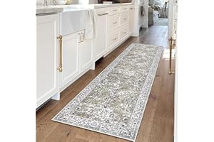 KILOCOCO Moroccan Kitchen Runner Rug 2x5 Runner Rug Washable Hallway Runner Rug Vintage Floral Rug Non-Slip Runners Low Pile Distressed Boho Rug Runners for Bathroom Laundry Room Bedroom, Mossy Taupe