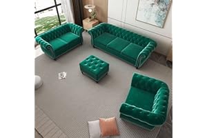 AVZEAR 3-Piece Living Room Sectional Sofa Set, Green Velvet Couch Upholstered Sofa Modern Sofa Couches Set Style Button Tufted, Velvet Chesterfield Sofa for Living Room Apartment, 1+2+3 Seat Green