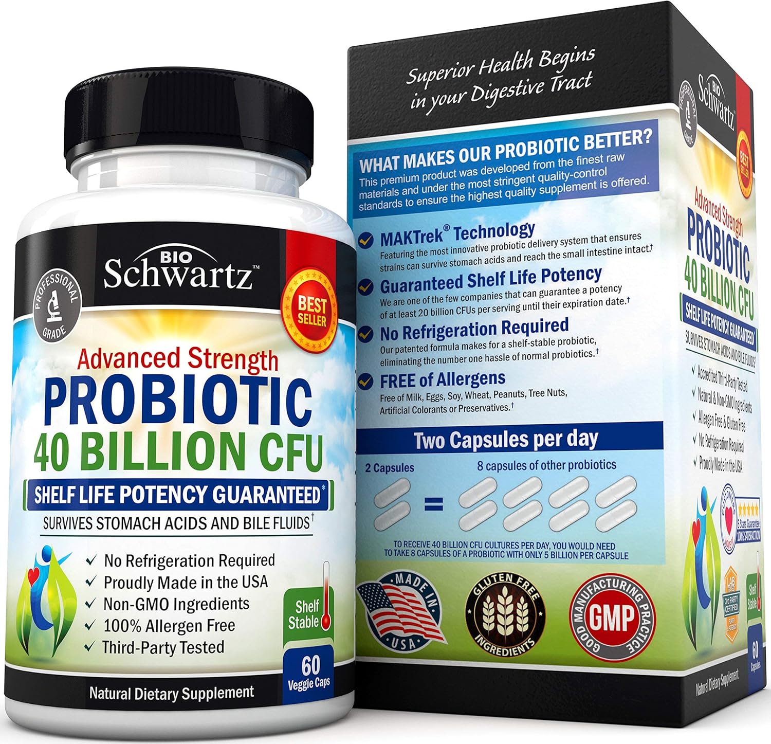 Probiotic 40 Billion CFU - Dr. Approved Probiotics for Women & Men - Guaranteed Potency Until Expiration - Patented Delay Release, Shelf Stable, Gluten & Dairy Free - Lactobacillus Acidophilus - 60ct: Health & Personal Care