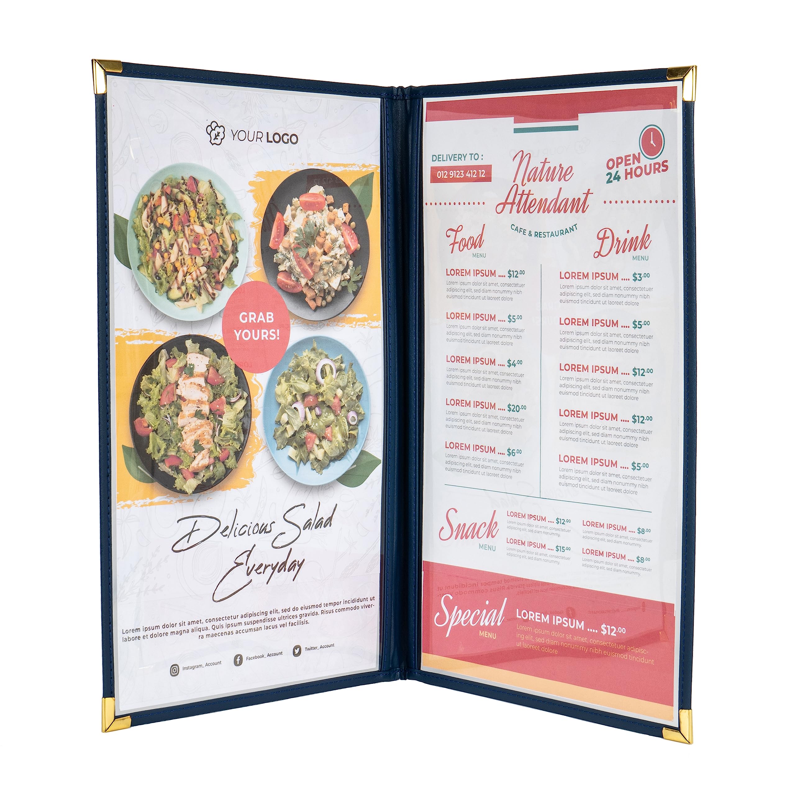 Photo 1 of Ylittaa Menu Covers/Booklet, Double Pages, 2 Pockets, 4 View, for 8.5" x 14" Legal Size Paper, Pack of 6, Blue Edging + Gold Metal Corner, Made with Leatherette & Vinyl