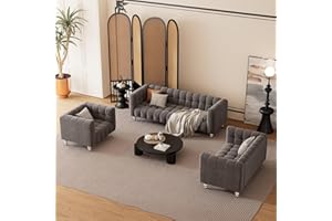 UBGO Modern 3-Piece Including Three-Seater, Loveseat and Single Chair,Buttoned Tufted Backrest, Dutch Fleece Upholstered Sofa with Solid Wood Legs for Living Room Furniture Set (Gray)