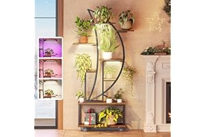 PRAISUN 62 Inch Plant Stand Indoor with Grow Lights, 8 Tiered Plant Shelf with Larger Flower Holder, Half Moon-Shaped Stand with Hook, Wheels, Plant Rack for Living Room, Rustic Brown