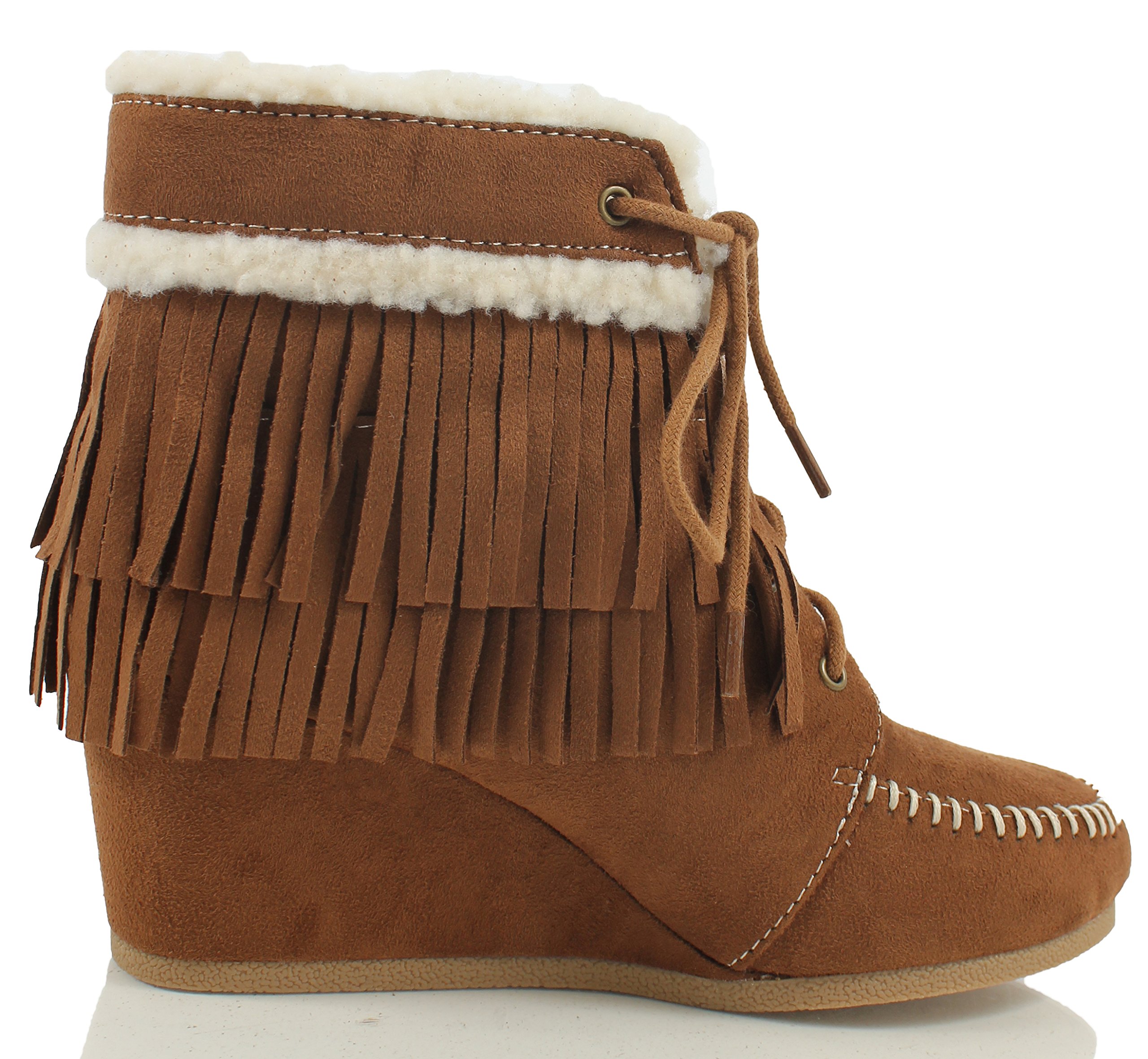 City Classified Women's Faux Suede Faux Fur Moccasin Fringe Lace Up Wedge,8 B(M) US,Chestnut - Image 4