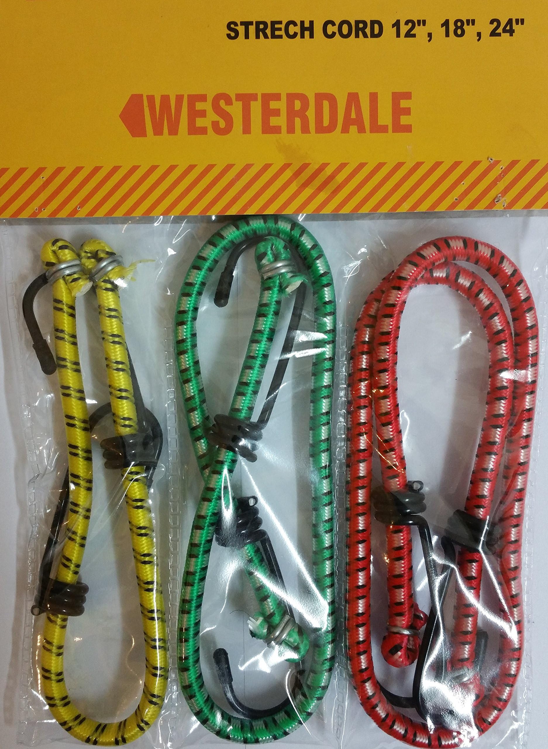 3x Westerdale Strech Cord Set With Hooks (Pack of 3) 12 Inch, 18 Inch, 24 Inch ELASTIC BUNGEE CORD STRAP ROPE GARDEN CAMPING TIE DOWN CORD STRECH HOOK LUGGAGE CAR BICKE [Energy Class A+++]