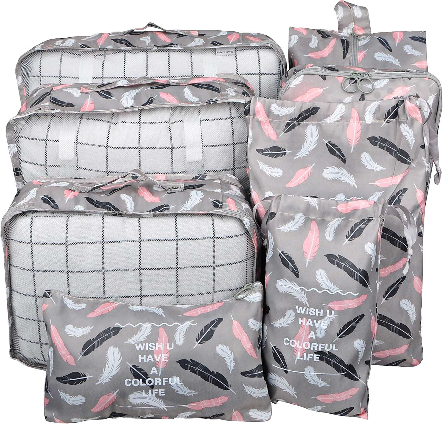 Vercord 8 Pcs Packing Cubes Pods Travel Luggage Suitcase Organizer and Shoes Laundry Bags Bird
