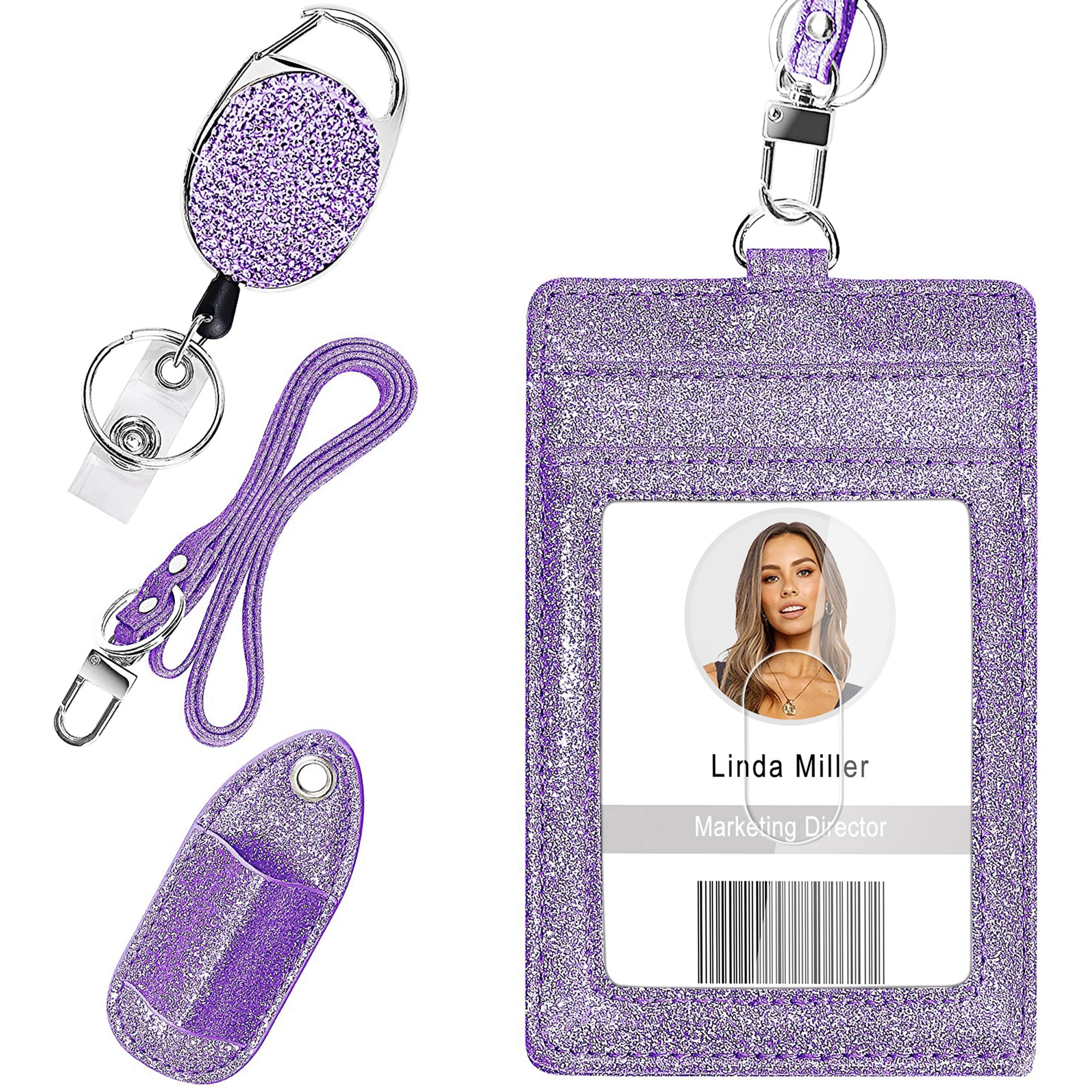 Retractable ID Badge Holder, Multipurpose Bling Rhinestone Badge Reel with Belt Clip, Shiny PU Leather Badge Holder with Lanyard and Pen Holder for Nurse, Teacher, Student, Office Worker (Purple) — image 1