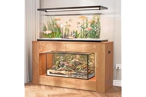 FUXJUM 55–75 Gallon Aquarium Stand for Fish Tank & Turtle Tank, MDF Top & Drawers, Reinforced Metal Frame, LED Light, Power Outlets, 1000 lbs, 55.1”W × 18.5”D(Natural)