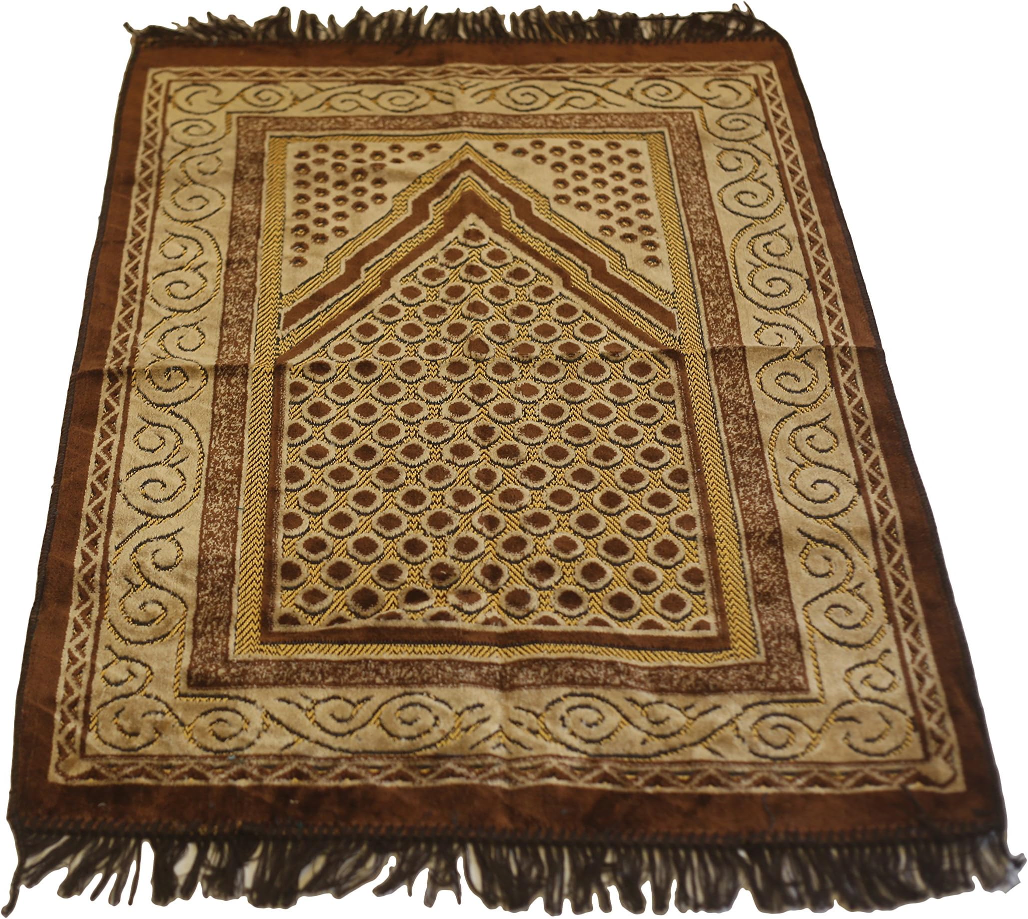 Islamic Prayer Rug Velvet Kadife Mihrab Janamaz Sajjadah Muslim Namaz Seccade Turkish Prayer Rug (Brown)