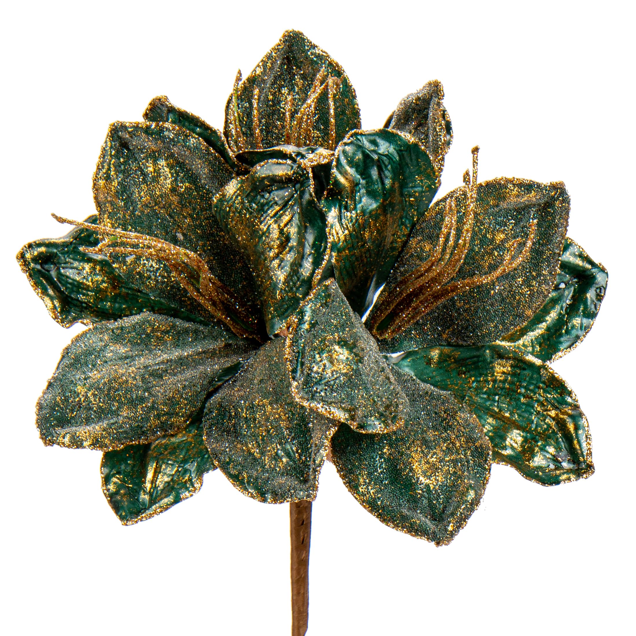 Oairse 3PCS Large Christmas Glitter Poinsettia Flowers 3 Heads Artificial Clivia Flower Picks 64cm Long Stem Green Xmas Ornaments for Christmas Tree Decorations Flora Arrangement Table Centerpiece