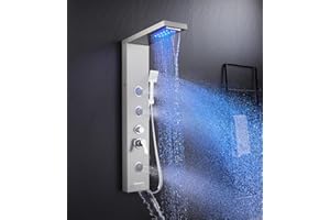 TSIBOMU 5 in 1 Shower Panel Tower System with LED Lights, Rainfall and Waterfall Shower Head, 3 Pcs Adjustable Body Jets, Handheld Shower, Tub Spout (Brushed Nickel)