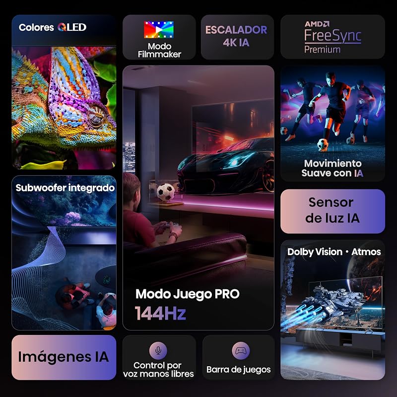 100E7Q Pro - QLED Smart TV 100 Pulgadas, Gaming TV, Modo Juego Pro 144Hz, AMD Freesync Premium Pro, Dolby Vision IQ, Dolby Atmos, Movimientos Suaves IA, Hi-Concerto, Procesador Hi-View IA