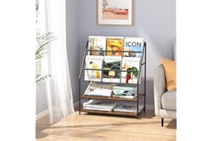 VECELO Magazine Holder Floor,2-Tier Metal Magazine Racks, Newspaper Display Stand with Board Shelves for Books and Brochure in Home Office,Shopping Malls,Indoor&Outdoor Place, Retro Brown