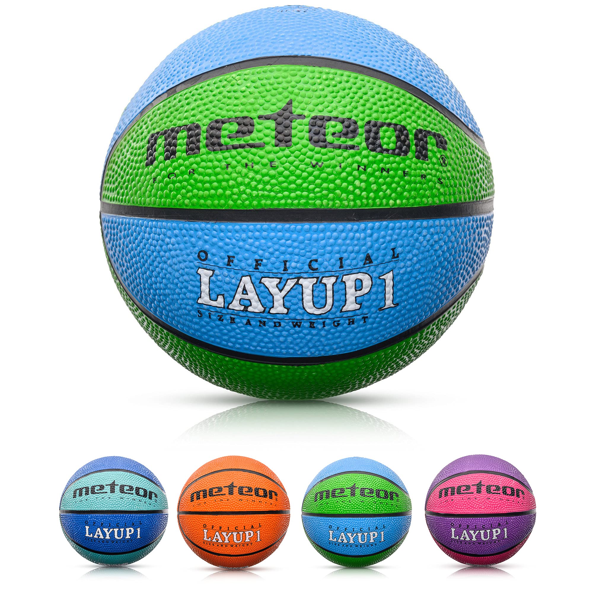 meteor Layup Basketball – Durable Rubber Surface for Outdoor & Indoor Play – Mini Ball Deep Grooves for Better Grip – Colorful Design for Visibility – Basket ball - Size 1 - Blue/Green