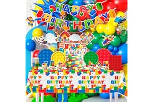 Building Blocks Birthday Decorations, 10 Guests Building Block Birthday Party Tableware Paper Plates Tablecloth Banner Balloo