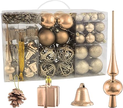 Brubaker Christbaumkugel Set mit Tannenzapfen, Weihnachtsglocken, Geschenken, Christbaumspitze - Christbaumschmuck - 101 Teil