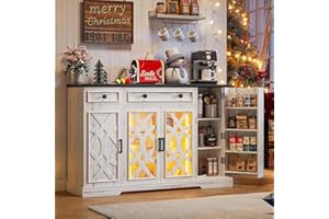 TAGELIER Farmhouse Buffet Cabinet with Storage, 55" Sideboard with Doors & Shelves, Coffee Bar & Pantry Cabinet with Light, Wooden Buffet Table for Kitchen, Dining Room, Antique White