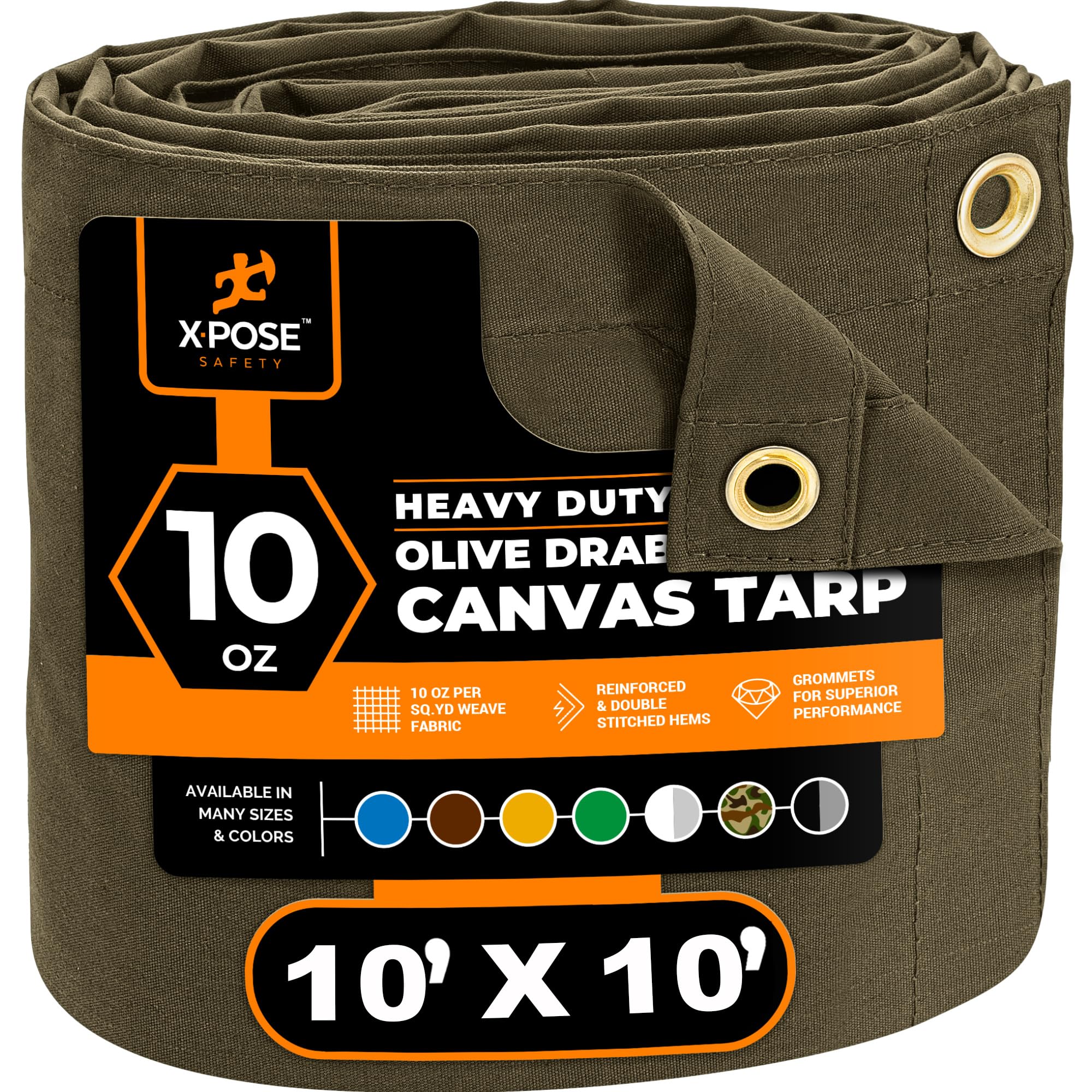 Photo 1 of Xpose Safety Canvas Tarp - 10oz Olive Drab Canvas Tarps Heavy Duty Water Resistant with Brass Grommets- Multipurpose Outdoor Tarpaulin for Camping, Canopy, Trailer, Equipment Cover 10' x 10'