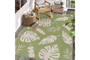 Ileading Outdoor Plastic Straw Rug 6x9ft Tropics Palm Leaves Reversible Patio Area Rugs Waterproof Non Shedding Portable Carpets for Rv Outside Deck Pool Beach Picnic Camping (Green)