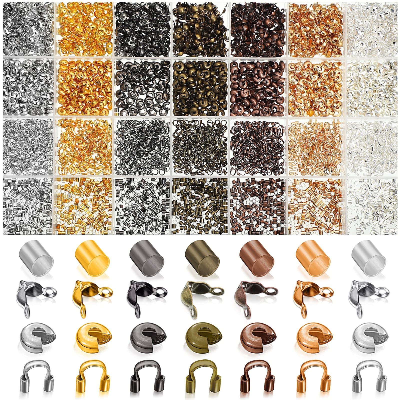 Photo 1 of 2100 Pieces Brass Tube Crimp Beads Wire Guardians Bead Tips Knot Covers for DIY Jewelry Bracelets Necklaces Making(Assorted Colors)