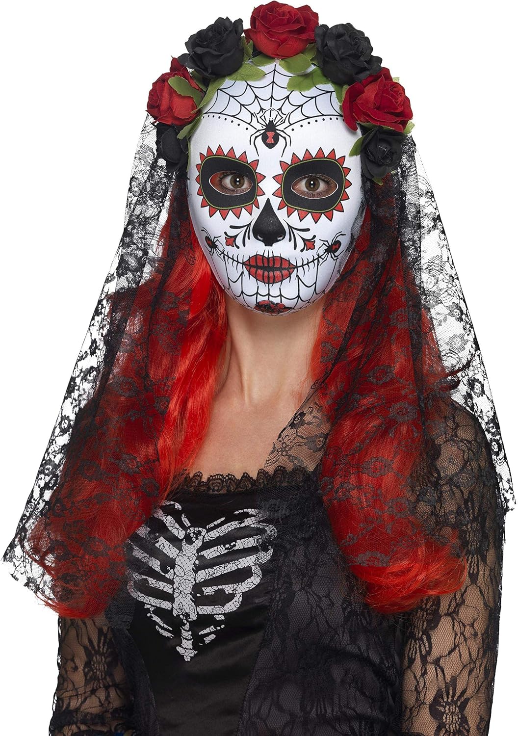 Smiffys Day of the Dead Senorita Mask, Full Face, Red & Bl with Roses & Veil, Eyemasks Fancy Dress, Halloween Dress Up Masks