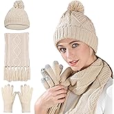 Winter Scarf Gloves and Hat Set for Women, Beanie Hat Long Scarf Touchscreen Gloves, Warm 3 in 1 Set for Womens Girls
