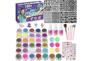 XIQIDIANR Temporary Glitter Tattoos Kids,32 Glitter Colors and 6 Fluorescent Colors,209 Stencils,2 diamond stickers,3 Glue,5 Brushes,Adults and Kids Arts Glitter Kit,Wonderful Holiday Gifts for Girls & Boys.