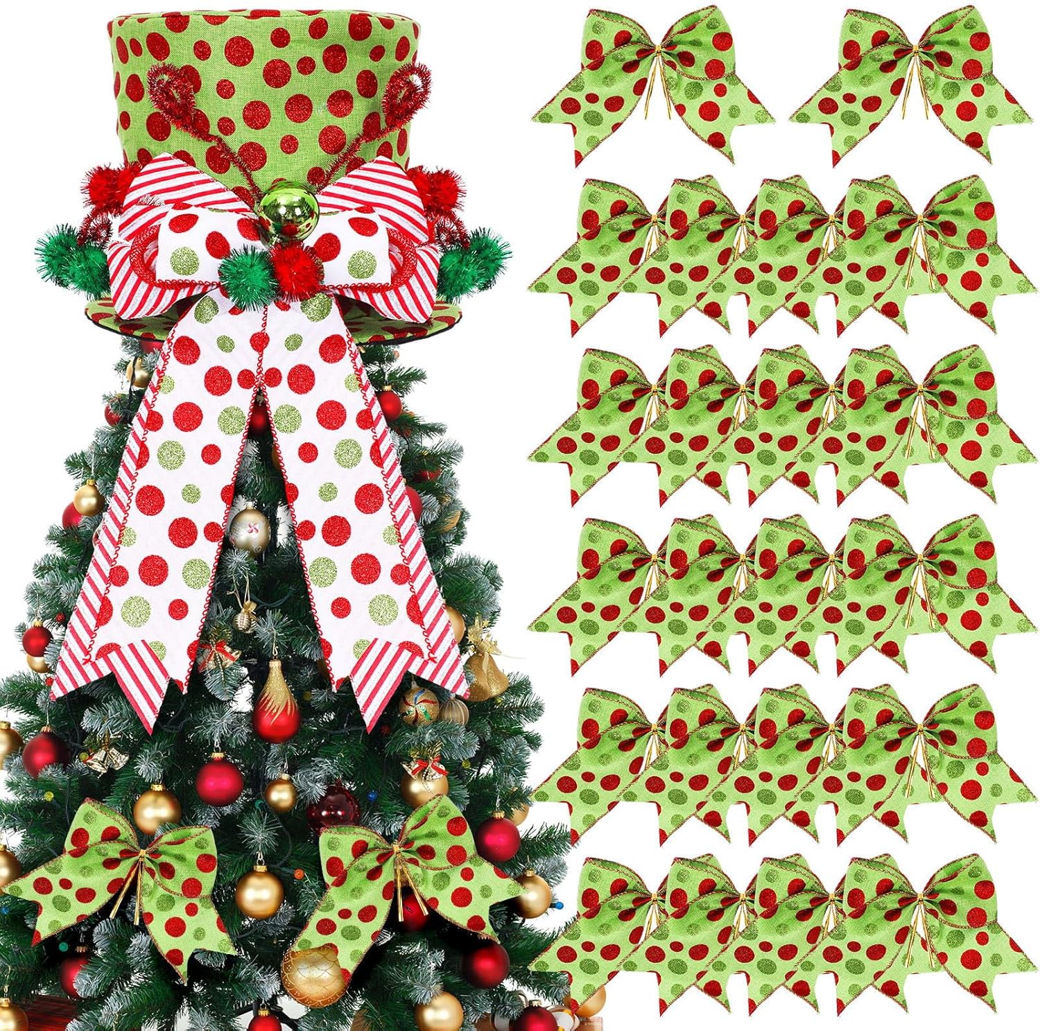 Tree Toppers - Jenaai 25 Pcs Christmas Tree Decorations Christmas Tree Topper Hat with Striped Bow Ribbon Red and Green Christmas Bows Decorations for Home Decor Christmas Party Holiday Decor, Glitter Pattern