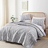 JANZAA Quilt King Size Grey Quilt Bed Spread Boho Quilt with Floral Pattern Microfiber Quilts Set 3 Pieces Lightweight Comforter Reversible Bedding Set,1 Quilt 104x90 inches, 2 Pillowcases