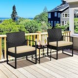 Yaheetech 3-Piece Rattan Garden Set 2 Chairs Table Black Khaki Cushions view 2