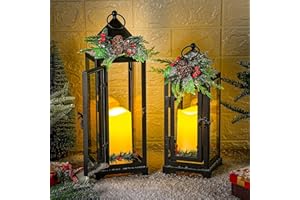 Baquler Black 2 Pcs Christmas Metal Candle Lantern and LED Fake Candles 12'' and 15'' Decorative Lanterns with Xmas Ornament Porch Lanterns Indoor Outdoor Decoration Party Gift