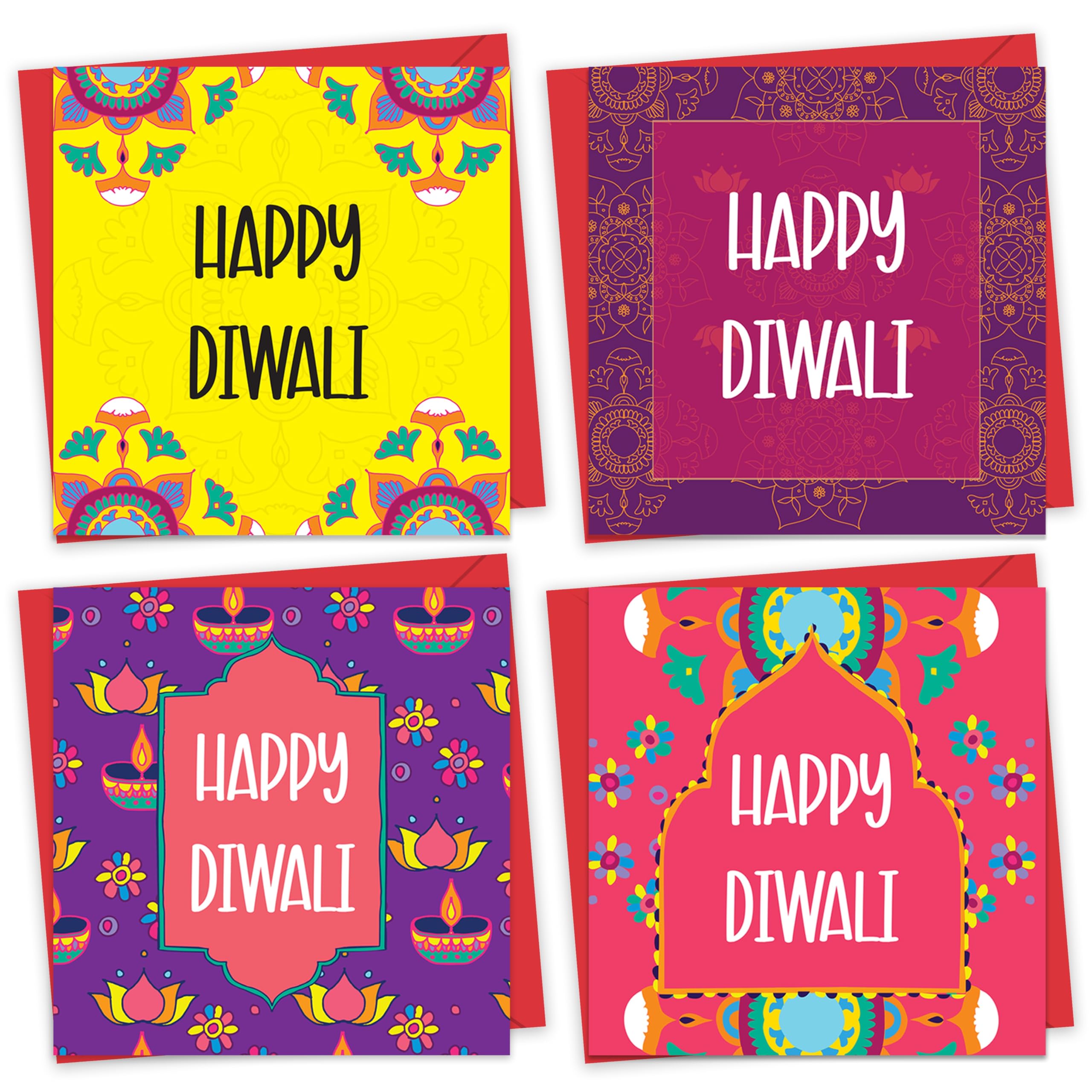 Giftinghouse Diwali Cards Multipack of 16 with Envelopes - Happy Diwali Cards – Eco-friendly, Luxury Greeting Cards with Red Envelopes for decorations, family, friends