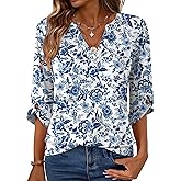 Kistore Womens 3/4 Length Sleeve Tunic Tops Casual V Neck Shirts Business Work Blouses Trendy Flowy Tees