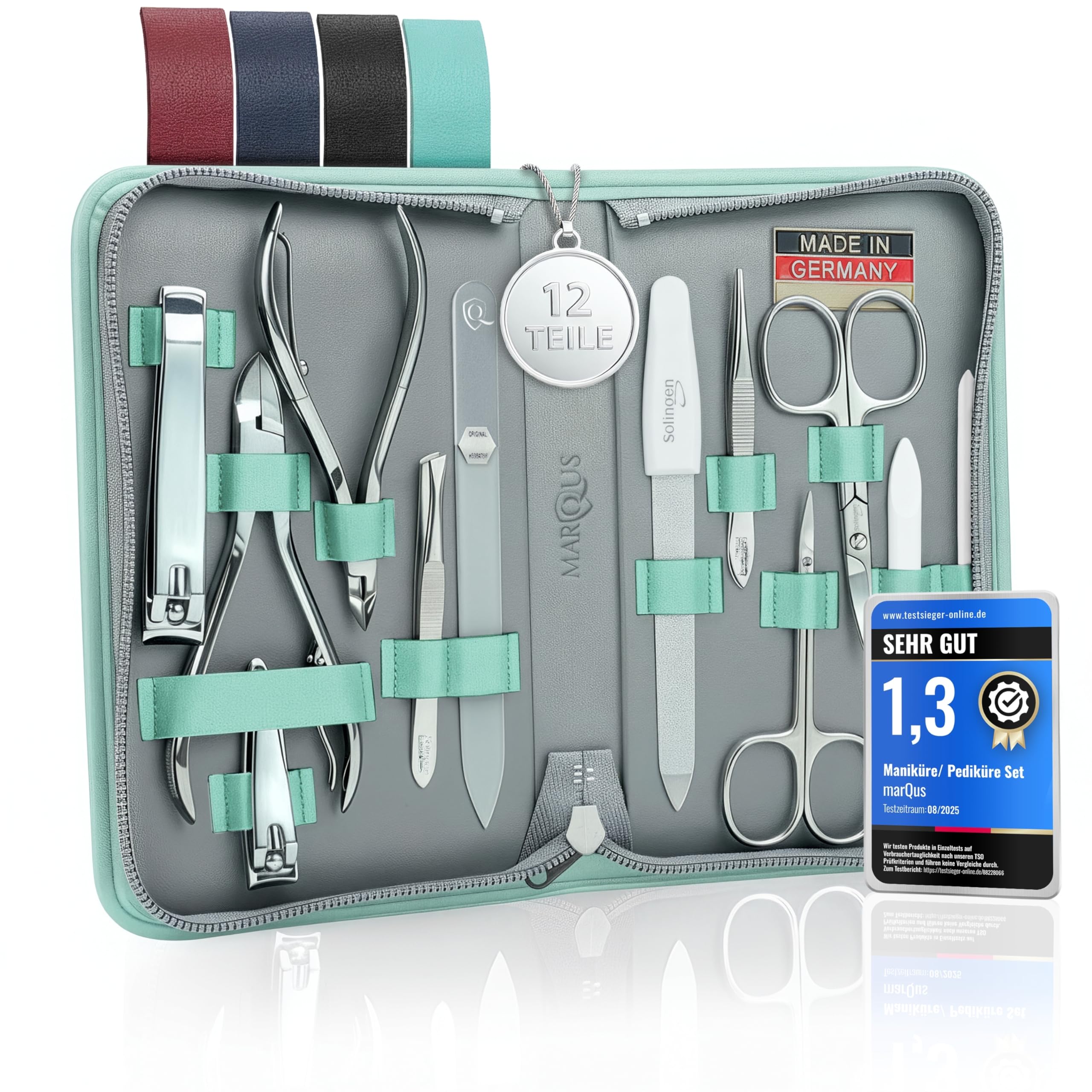Solingen Manicure Set for women and men - 12 pcs kit - made in Germany incl. nail nippers, glass nailfile & pedicure tools - For natural, ceramic & painted nails, mint