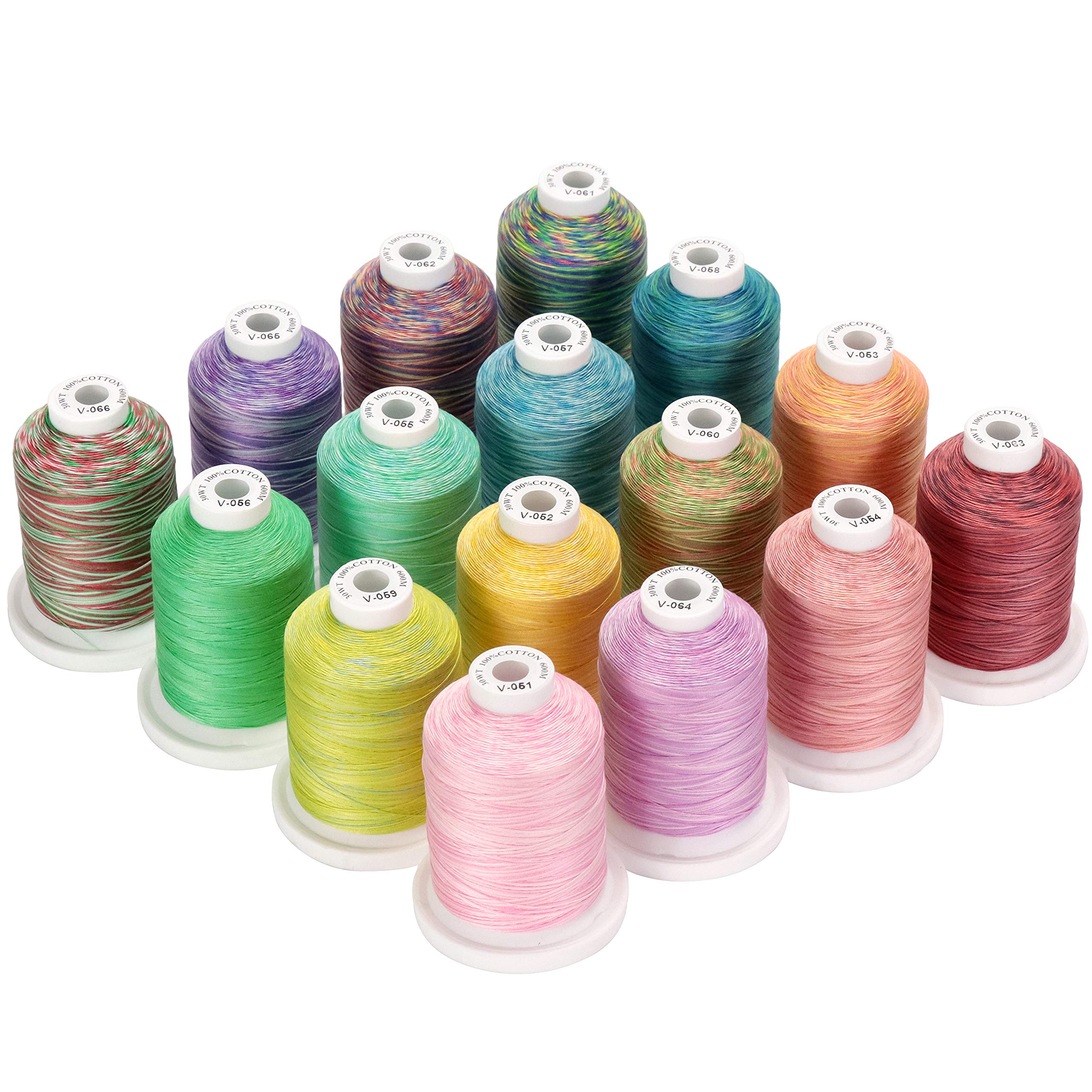 New brothread 16 Variegated Colours Multi-Purpose 100% Mercerized Cotton Threads 30WT(50S/3) 600M Each Spool for Quilting, Sewing and Embroidery