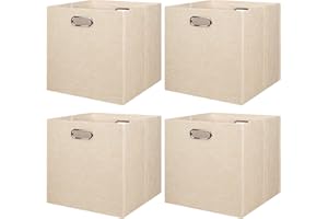 BinWhiz Set of 4 Collapsible Linen Storage Cubes - 13x13x13 Inches Fabric Bins for Kallax Shelves, Cabinet, Bookcase, Closet - Versatile Home Organizer Boxes for Decor and Laundry (Beige)