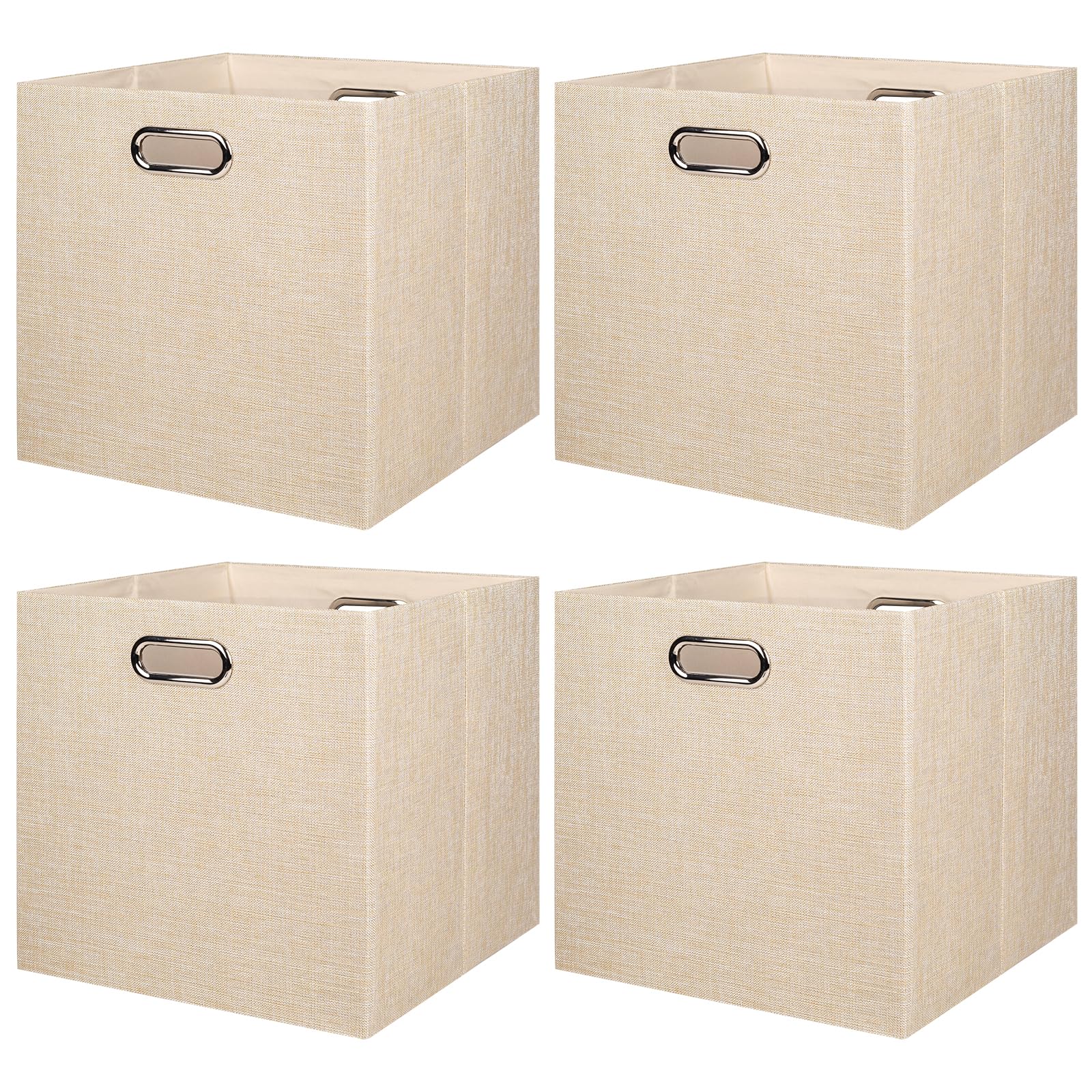 BinWhiz 4 Pack Collapsible Linen Storage Cubes - 33x33x33 cm Fabric Bins for Kallax Shelves, Cabinet, Bookcase, Closet - Versatile Home Organizer Boxes for Decor and Laundry (Beige)