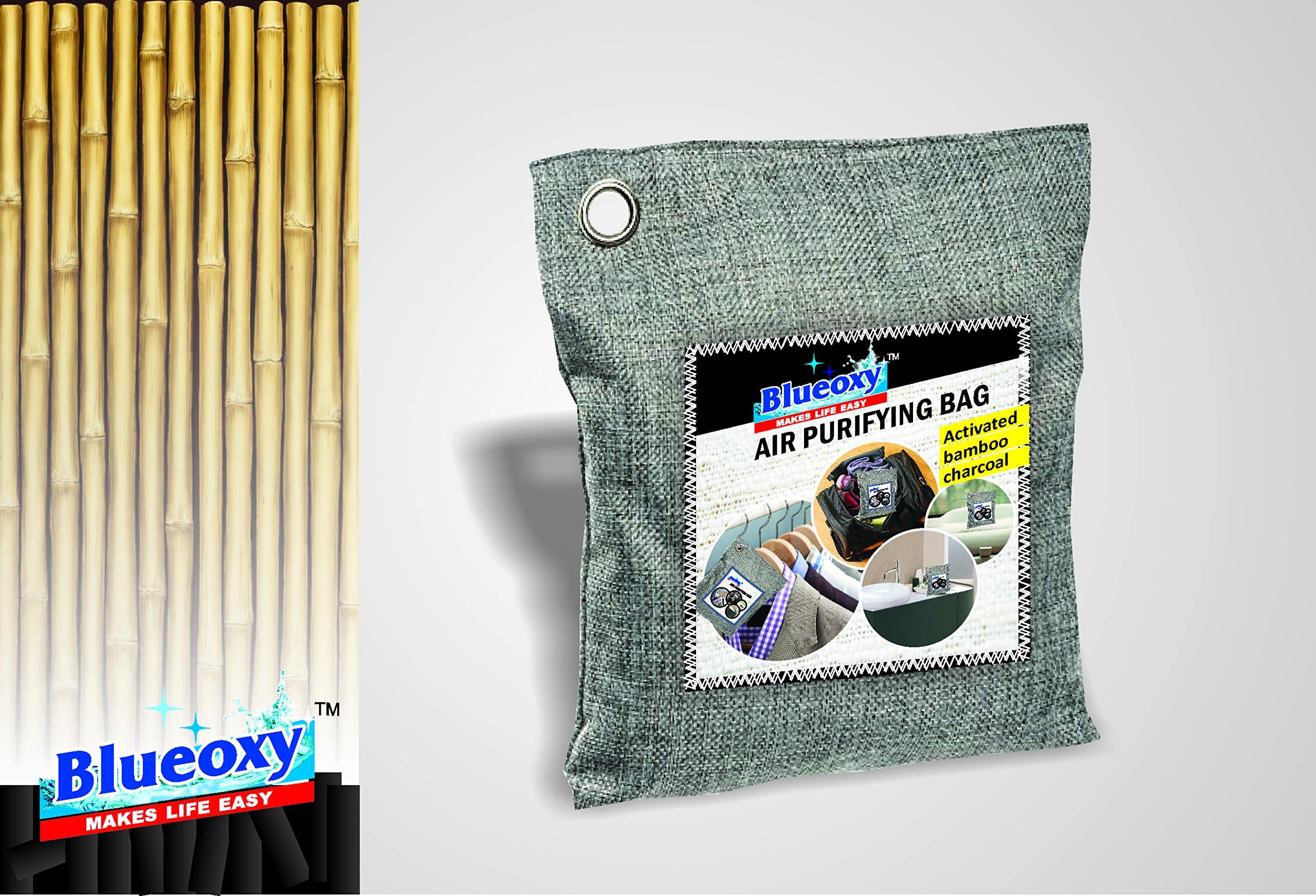Blueoxy Natural Air Purifying – Deodorizer/Naturally Activated Bamboo Air Purifying Bag- Unscented – 200 g – Colour Grey – (Pack of ONE)