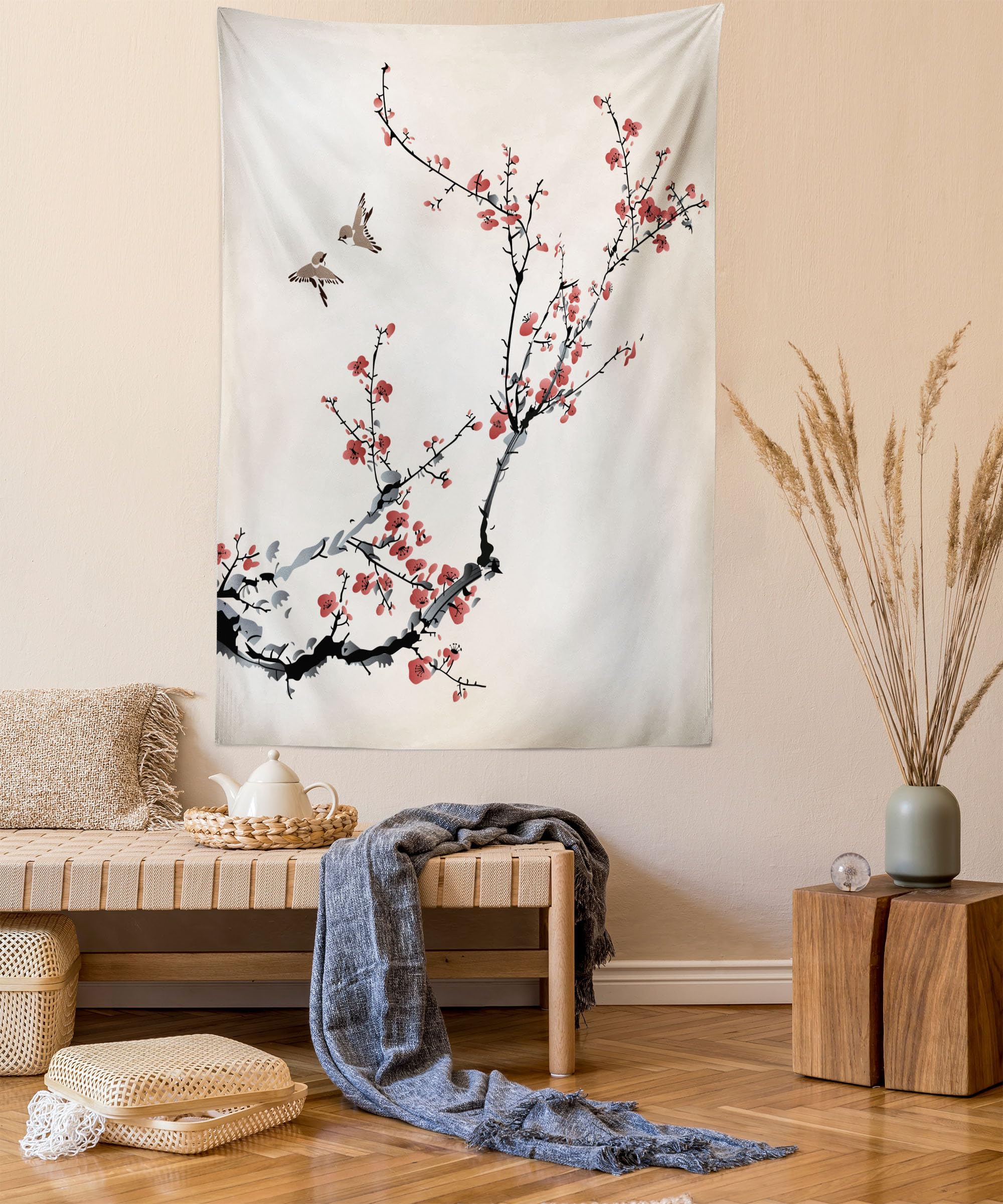 ABAKUHAUS Nature Tapestry, Cherry Branches Flowers Buds and Birds Style Artwork Painting Effect, Fabric Wall Hanging Decor for Bedroom Living Room Dorm, 140 x 230 cm, Black